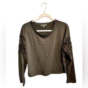 Lulus black crew neck, long sleeve, crop top with lace